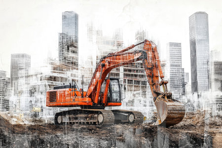 This dynamic scene showcases urban development with excavators and trucks at work on construction sites, set against towering buildings.の素材