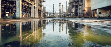 In the heart of an abandoned oil refinery, remnants of a bygone era emerge amid reflective green water, capturing the essence of decay and nature's reclaiming touch.の素材