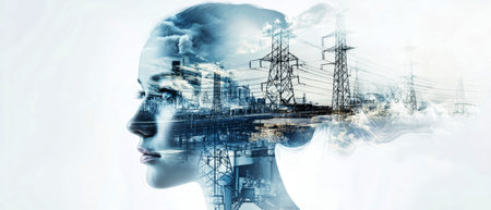 A captivating blend of different energy sectors showcases the harmony of gas, electricity, and water, framed by a striking silhouette and monochrome elements.の素材