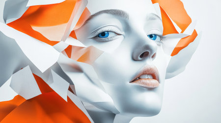 A stunning portrait of a woman crafted from geometric paper shapes in white, orange, and blue.の素材