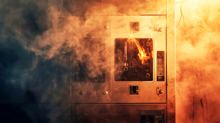An electrical panel bursts into flames, releasing thick smoke that envelops its surroundings. The chaotic yet artistic array highlights the urgent need for fire safety.の素材