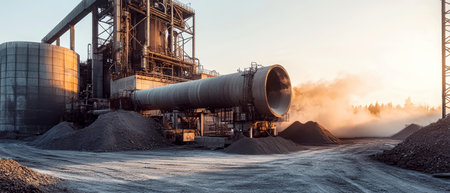 An outdoor lime kiln showcases a cement production line with mechanical sand-making equipment, as smoke rises and reflects warm tones in the evening light.の素材