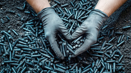 Hands clad in gray gloves are diligently collecting black 6.5mm cartridges from the floor of an ammunition depot, showing meticulous attention to detail in a rustic space.の素材
