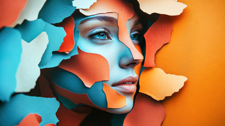A stunning abstract portrayal of a woman surrounded by vibrant paper cutouts, blending shades of orange and turquoise in a unique, artistic expression.の素材