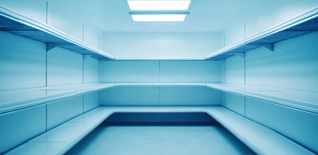 An expansive cold storage room reveals its empty shelves, infused with a bright blue hue from the overhead lighting, creating a sterile, modern atmosphere.の素材