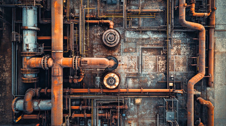 Buzzing above the industrial factory, intricate pipes and large machines weave a complex network, revealing the beauty in rust and texture in this unique environment.の素材