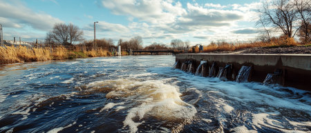Dynamic water movement is seen at a sewage treatment facility where flow is monitored and electrical points are cleaned, showcasing rustic charm on a sunny day.の素材