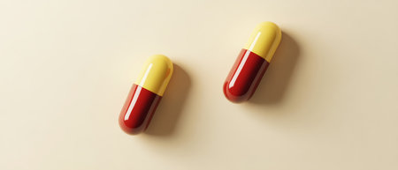 Vibrant red and yellow capsules rest on a soft, light background, showing a smooth texture that invites closer examination and artistic appreciation.の素材