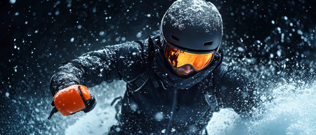 In a breathtaking winter moment, a skier in full gear captures the thrill of descending a snowy slope, showcasing skill and passion against a dark, contrasting background.の素材