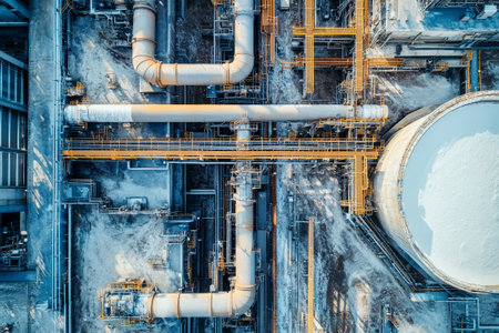 High above a bustling lime production plant, intricate pipes and equipment create a maze-like structure against the clear blue sky, capturing industrial beauty and efficiency.の素材