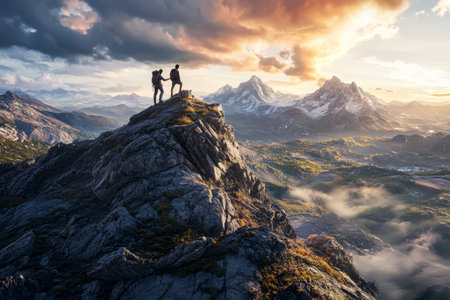 Two adventurers collaborated to conquer a rugged mountain summit, basking in the golden hues of sunset under a dramatic sky filled with clouds.の素材