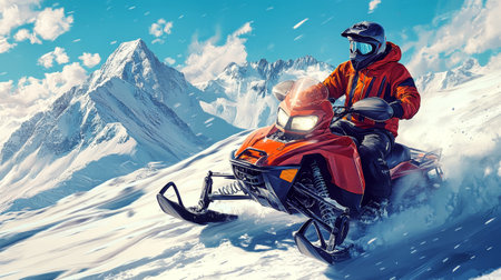 Driver adorned in vibrant gear navigates snowy mountain trails, showcasing skill and thrill against a backdrop of majestic peaks under a clear blue sky.の素材