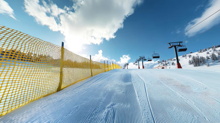 In a stunning alpine resort, a young skier navigates a slalom course, skillfully descending the slope with determination.の素材