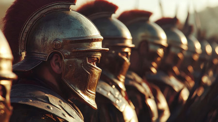 Roman soldiers clad in shining armor and helmets form an unyielding line, embodying the strength and discipline of the ancient military era.の素材