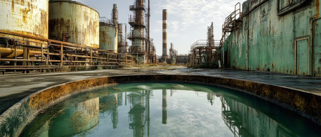This abandoned industrial site features a pool of green, slippery water surrounded by decaying oil refinery structures under a cloudy sky. A haunting yet captivating sight.の素材