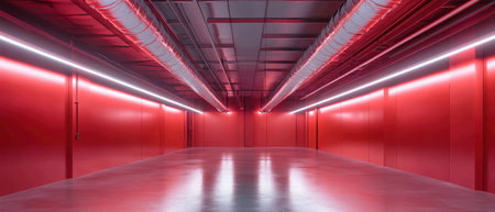 Bold red metal beams and shiny silver air ducts define the interior of a contemporary industrial building, showcasing modern design in a spacious layout.の素材