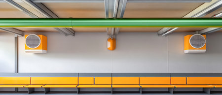 Empty parking bays showcase a mix of grey, orange, and yellow elements, highlighted by a green ventilation pipe and industrial air conditioning units.の素材