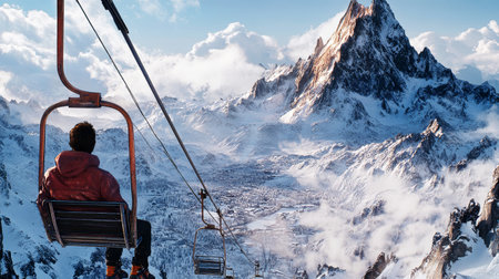 Sitting on a ski lift, a skier gazes at the stunning snow-capped mountain peaks illuminated by sunlight while a beautiful winter landscape unfolds below.の素材