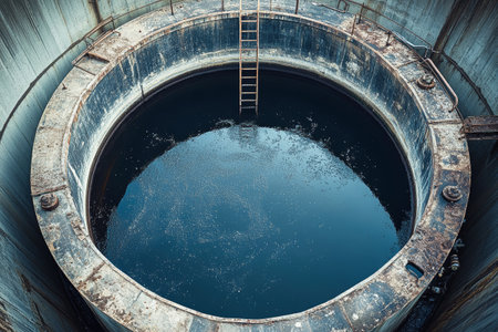 An aerial view reveals a large sewage treatment tank filled with dark liquid, highlighting the intricate steel structure for sludge disposal and its industrial design.の素材
