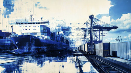 This visually engaging collage illustrates the intricate relationship between cargo ships, trucks, trains, and airplanes in the shipping transport sector.の素材
