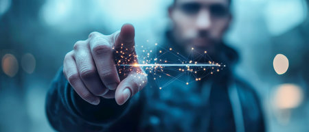 A businessman confidently holds an upward-pointing digital arrow, symbolizing growth. Behind him, a network technology background enhances the futuristic atmosphere.の素材