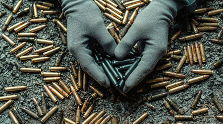Gray gloved hands form a heart shape with black cartridges, surrounded by scattered brass rifle cartridges, reflecting a blend of artistry and raw materials.の素材