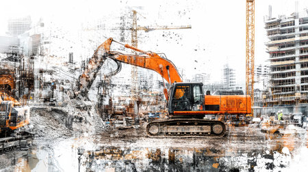 Excavators and trucks work tirelessly on a bustling urban construction site, showcasing advanced machinery amidst towering cranes and busy workers.の素材