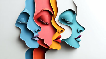 Three elegantly designed female faces emerge in a captivating paper cutout style. This artwork symbolizes beauty and confidence through vibrant colors and abstract elements.の素材