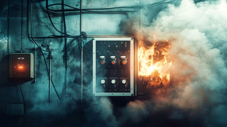 Flames erupt from the electrical panel, illuminating the dark surrounding smoke. Shadows dance as the fire creates a dramatic contrast in this hyper-realistic montage.の素材