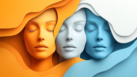 Three captivating female faces with closed eyes express tranquility against a backdrop of abstract shapes. The orange and blue palette adds a unique artistic flair.の素材