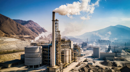 A bustling cement production plant showcases industrial activity, emitting smoke from tall chimneys amid a backdrop of majestic mountains on a sunny day.の素材