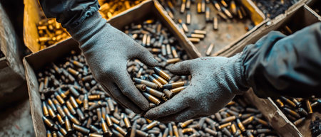 Hands protected in gray gloves gather actively scattered black 6.5mm bullets from the weathered floor of an ammunition depot, surrounded by various objects.の素材