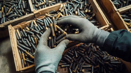 Grey-gloved hands carefully pick up black 6.5mm bullets scattered on the floor of a cluttered ammunition depot, showcasing an array of objects in a rustic atmosphere.の素材
