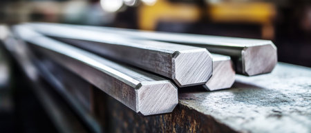 Shiny, hexagonal steel bars lie on a factory surface, their smooth edges reflecting bright natural light. The industrial backdrop enhances the rugged beauty of metalwork.の素材