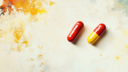 Two vibrant red and yellow pill capsules rest on a textured light background, embodying the essence of health and vitality while inviting reflection on medical advancements.の素材