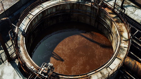 A circular sludge tank at a power plant holds brown liquid, framed by metal structures and a protective mesh cover. Industrial water treatment is evident.の素材