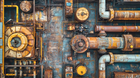 Captivating aerial view reveals the complexity of an industrial factory, featuring large machinery, rusty pipes, and weathered textures under natural light.の素材