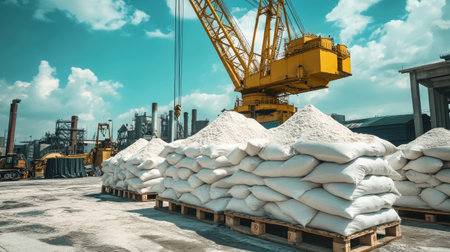 Pallets stacked with large bags of white sand are showcased at an industrial facility, with a yellow crane hovering above in bright natural light.の素材