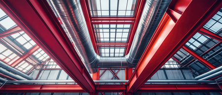 High above, a network of shiny metal pipes intertwines with bold red beams while smoke escapes through ceiling leaks, capturing the essence of industrial design.の素材