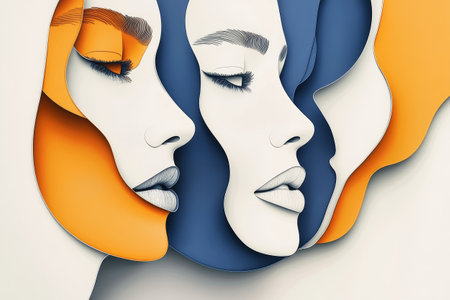 Three stylized female faces emerge in a captivating arrangement of colorful curves and geometric forms, showing an artistic blend of abstraction and realism.の素材