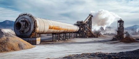 A modern lime kiln operates under a clear sky, showing a large gray structure emitting smoke. Nearby, a mechanical device processes sand, highlighting industrial activity.の素材