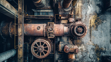 High above an industrial factory, the intricate layout of large machines and pipes comes to life, showing the unique beauty of worn metal and concrete textures.の素材