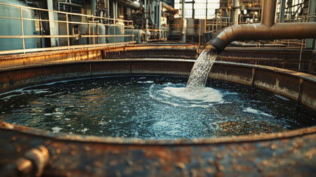 A large round tank receives a steady flow of water from a metal pipe within a busy industrial plant, surrounded by a gritty, worn factory environment.の素材