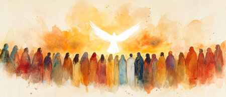 A single white flame symbolizes the Holy Spirit, illuminating a line of people in ancient robes as they experience the ascension of Jesus, surrounded by soft, warm tones.の素材