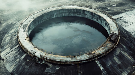 Observation tank with a circular metal frame captures attention with its dark liquid and light gray surroundings, blending rugged architecture and natural elements.の素材
