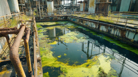 Once a bustling industrial hub, the abandoned factory now showcases a pool covered in moss and algae, illustrating nature's reclaiming of toxic landscapes.の素材