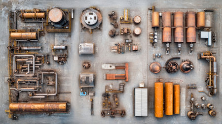 This aerial view captures the intricate layout of an industrial factory, emphasizing the blend of modern technology and rustic elements in manufacturing.の素材