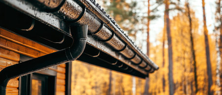 With a backdrop of vibrant autumn foliage, a stylish black rain pipe showcases its elegant design against a wooden-clad house, capturing the essence of rainy days.の素材