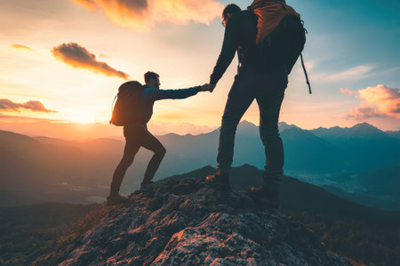 As the sun sets, two hikers support each other to conquer the mountain peak, surrounded by breathtaking landscapes and dramatic skies.の素材