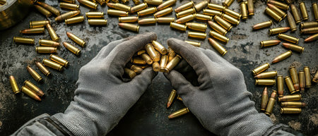 Gloved hands carefully hold rifle cartridges, surrounded by shiny 5.56mm bullets on a textured black table, capturing the artistry of ammunition assembly.の素材